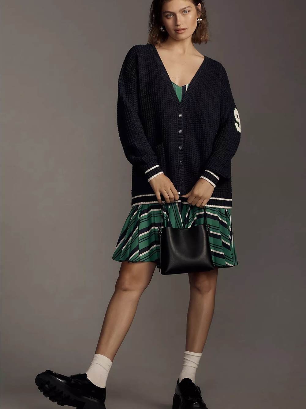 NWT Anthropologie Varsity Twofer Cardigan Mini Dress Navy Green XL $230